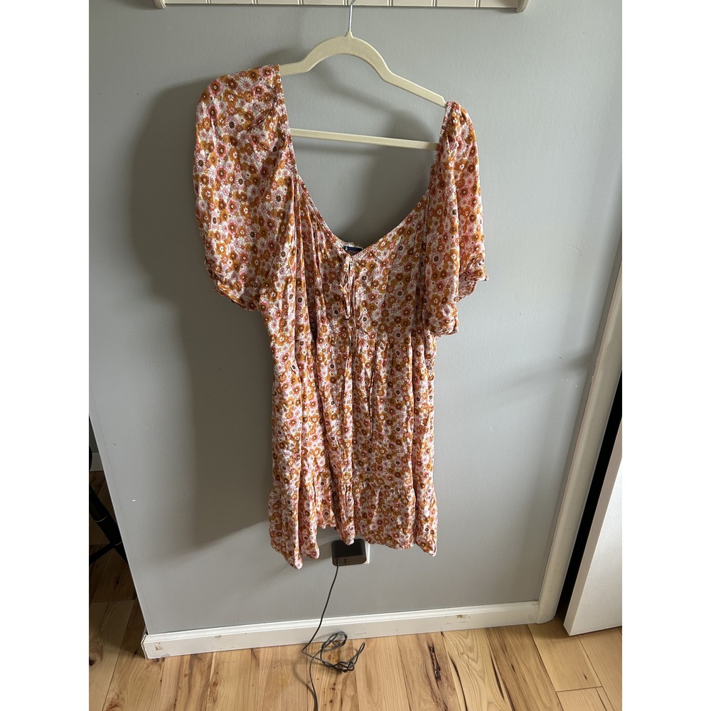 Arula Floral Mini Dress Orange Pink Puff Sleeve Babydoll Retro Boho Size C
